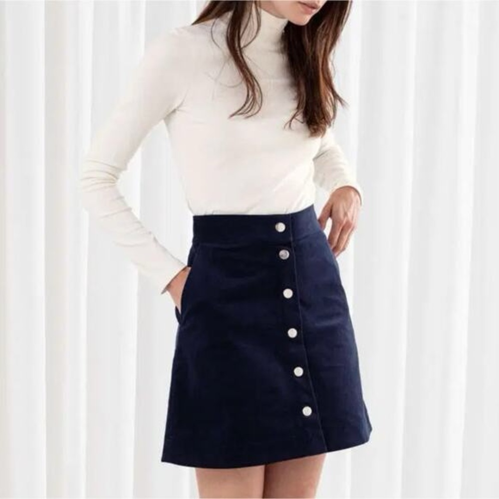 & Other Stories Navy Button Corduroy A-Lined Mini Skirt. Size 6